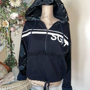 Signet med hooded embellished rhinestone black hoodie half zip